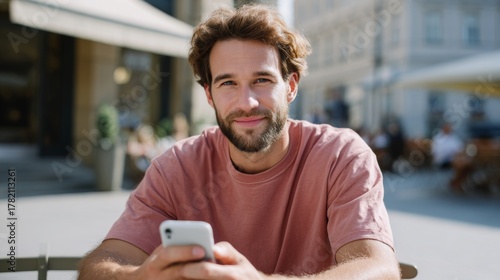 Smiling young Caucasian man with a beard enjoying a sunny day while browsing on his smartphone at an outdoor café.