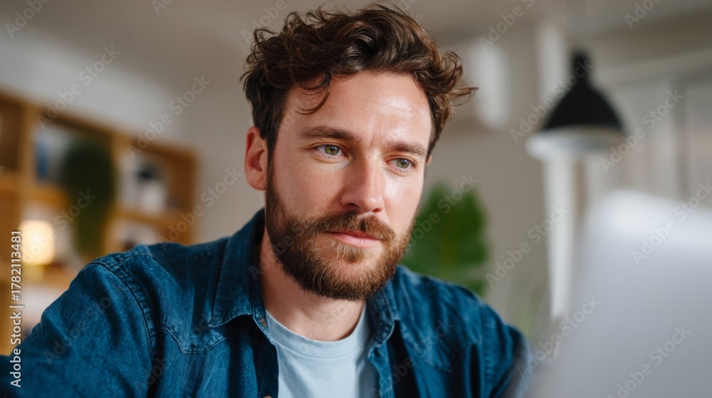 Naklejka premium Thoughtful young Caucasian man with a beard, deeply focused while using a laptop in a cozy, modern workspace.