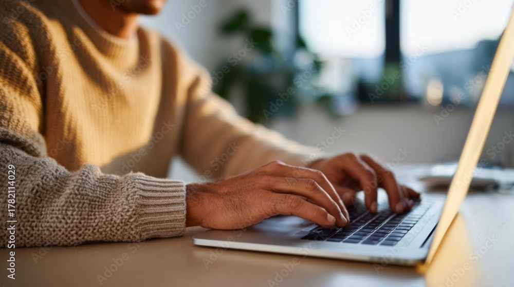 Fototapeta premium A focused young man of Middle Eastern descent typing on a laptop, illuminated by soft natural light in a cozy workspace.