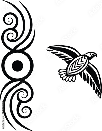 Black and white vector set of two tribal tattoo elements, featuring a stylized flying eagle or hawk and a decorative spiral pattern border.