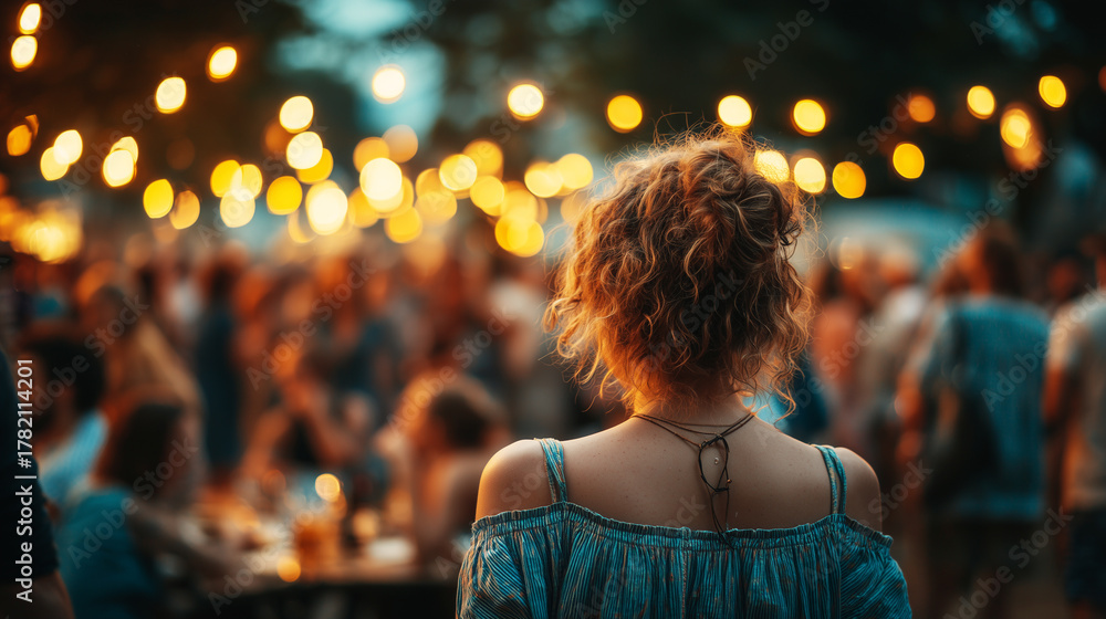 Obraz premium Curly-haired woman looks at a crowd of people under the warm light of evening string lights. 