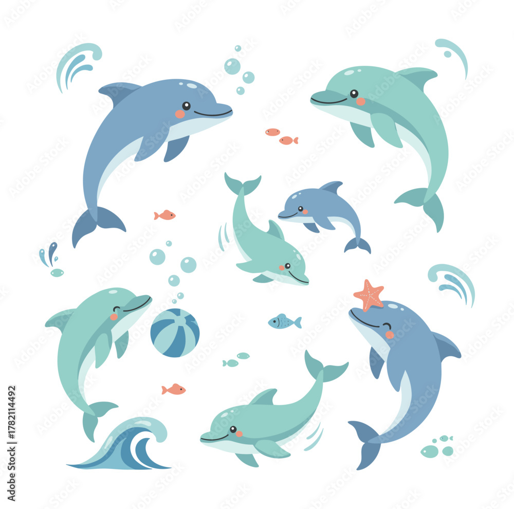 Naklejka premium Happy cartoon dolphins playing in ocean water