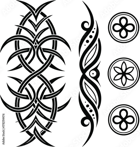 Black and white vector set of abstract tribal tattoo elements including two decorative vertical designs and three circular symbols.