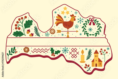 Stylized doodle map of Latvia filled with national winter symbols — oak leaves, pine branches, berries, candles, and folk ornaments in warm natural tones and Latvian maroon, celebrating independence