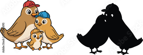 Cute cartoon bird family with chicks wearing hats, parent birds illustration, animal family love, adorable wildlife parenting concept art
