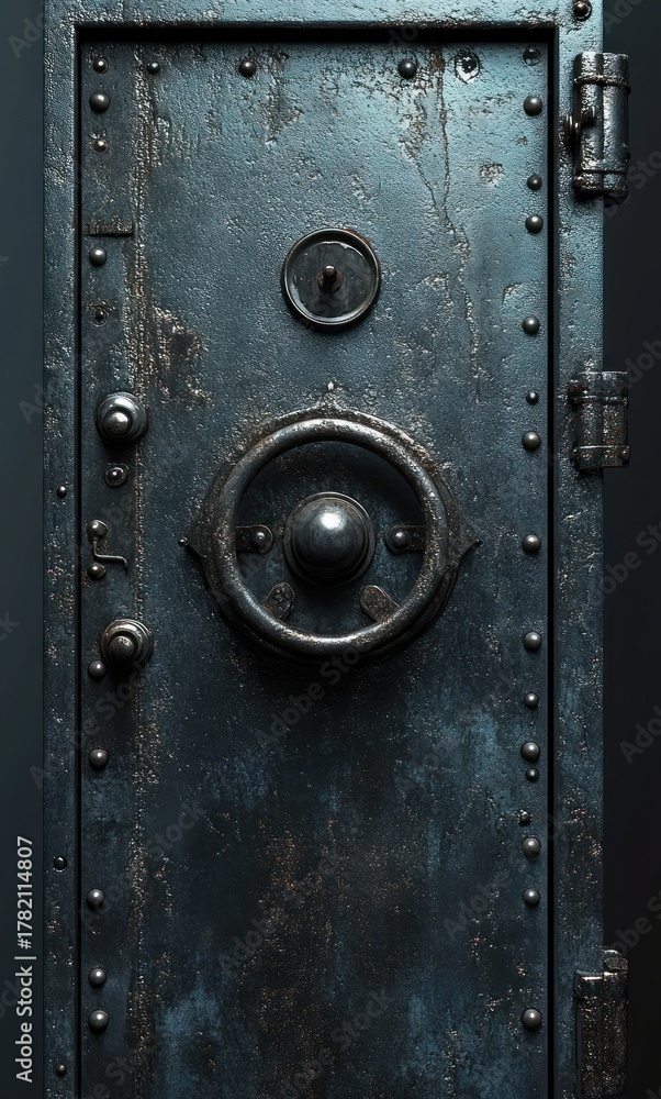 Fototapeta premium Close-up of an old heavy metal safe door with a large central wheel handle, rust marks, bolts and hinges, showcasing wear and strength
