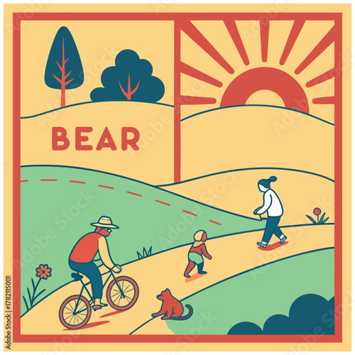 Bear Multi-Panel Scene Featuring Cyclist, Child, Dog, and Sunset Over Hills