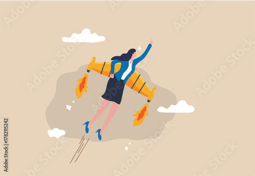 Success booster or accelerate career growth, woman power or lady leadership, speed up working progress or boost work ambition concept, confident businesswoman flying rocket booster or jetpack engine.