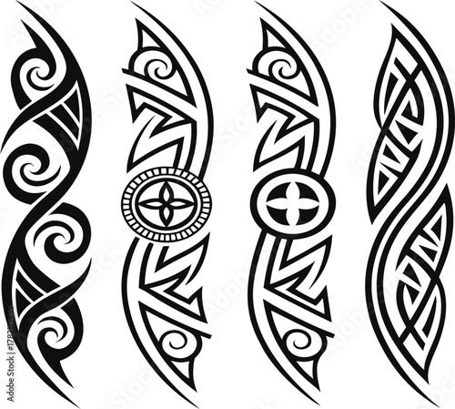 Black and white vector set of four decorative tribal armband tattoo designs with spirals, knots, and geometric ethnic symbols.