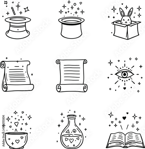 Magic Doodle Icon Set Hand Drawn Outline Wizardry Witchcraft Fantasy Mystery Spell Book Vector