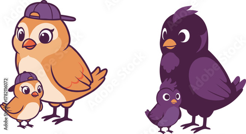 Cute cartoon birds wearing hats, parent and baby bird illustration, adorable animal family design, colorful wildlife parenting concept art