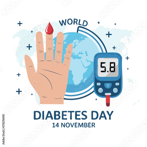 A hand testing blood glucose levels with a portable monitoring device, symbolizing a worldwide health awareness campaign for diabetes