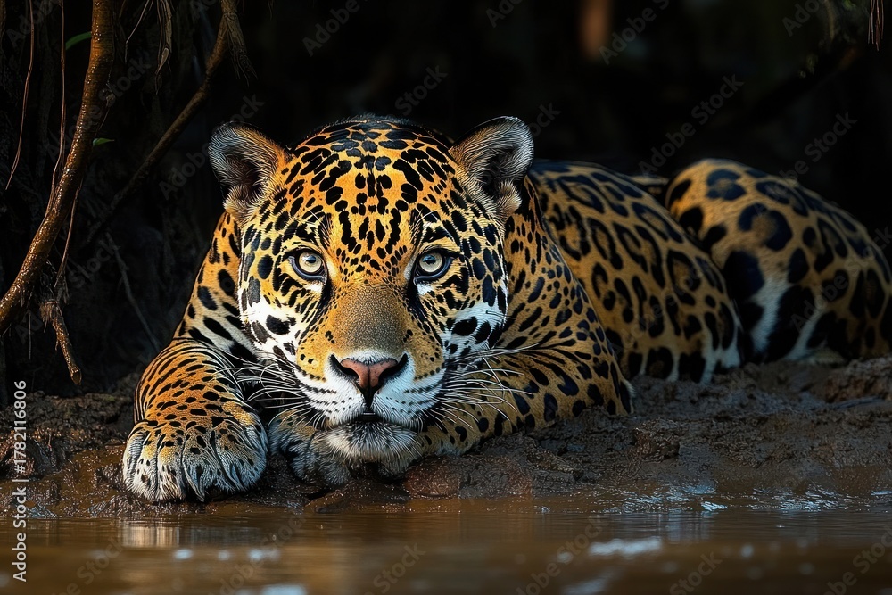 Obraz premium Close-up of a majestic jaguar lying on muddy ground near water with intense gaze in a dark natural setting