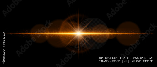 Optical lens flare with glowing core, scattered particles, and horizontal beam. Perfect for overlays, cinematic highlights, and futuristic visual effects in digital design.