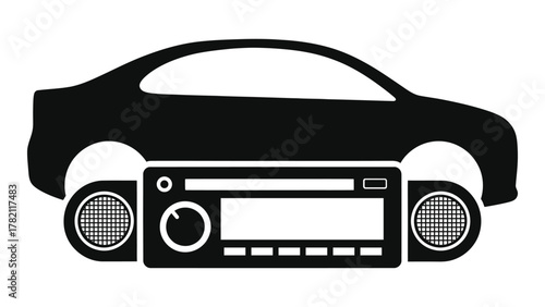 Car silhouette with car stereo and speakers icon
