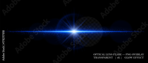 Optical lens flare with glowing core, scattered particles, and horizontal beam. Perfect for overlays, cinematic highlights, and futuristic visual effects in digital design.