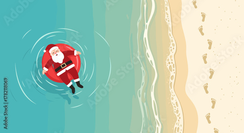 Santa Claus floating in the ocean on an inflatable ring with a beach background from a top view
