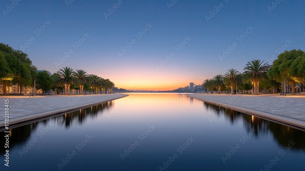 Fototapeta premium Serene Canal Reflects Twilight Sky Lined With Lush Palm Trees and Pedestrian Walkways Leading to Distant City Skyline During Golden Hour