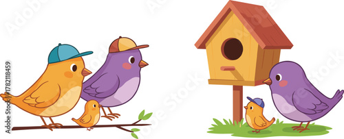 Colorful cartoon birds family with cute baby bird wearing blue cap near wooden birdhouse, happy wildlife illustration art