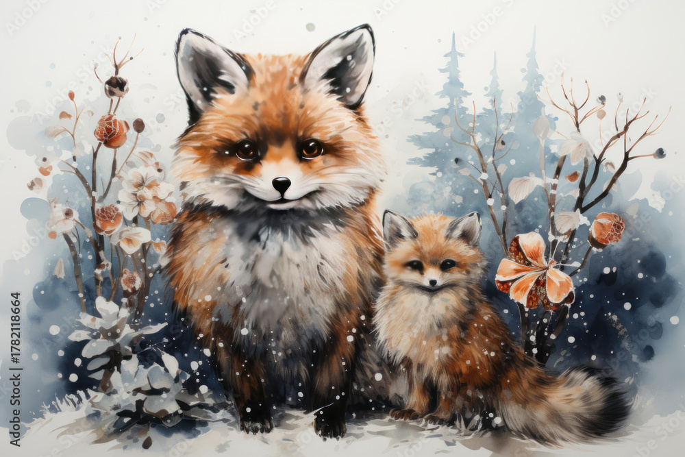 Obraz premium A charming watercolor illustration of two foxes—an adult and a baby—in a winter forest. 