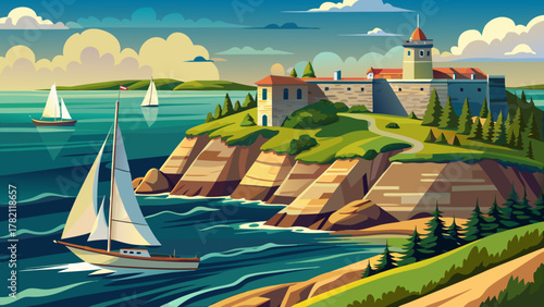 Very beautiful view of a sailboat passing historical Fort Gorges on Hog Island Ledge in Casco Bay, Maine, USA, featuring calm waters, clear skies, and a realistic scenic coastal landscape.