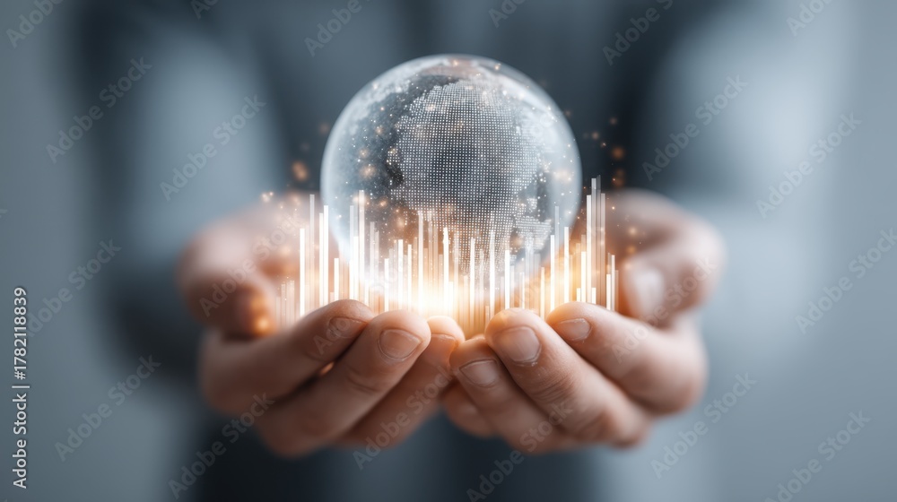 © Oulaphone - A pair of hands holds a glowing globe with data visualization elements, symbolizing technology, global connectivity, and innovation.