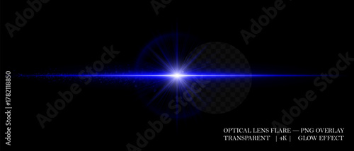 Horizontal optical lens flare with glowing dust and luminous beam. Great for cinematic overlays, highlight accents, and futuristic design compositions.