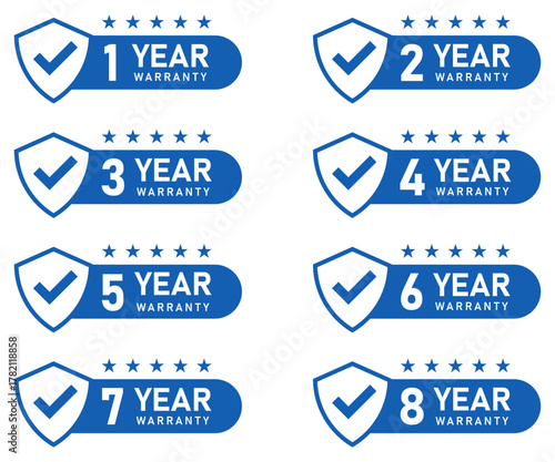 8 months warranty label. Blue warranty badges set with shield, check mark, and stars icons. 1 to 8 year guarantee labels. Flat style. Vector illustration.