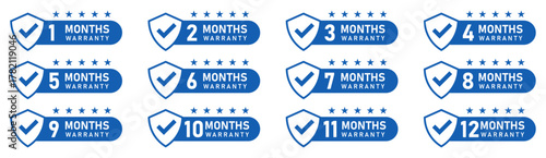 12 months warranty label. Set of monthly warranty badges with shield icons, check marks, and stars. 1 to 12 month guarantee labels. Vector illustration.