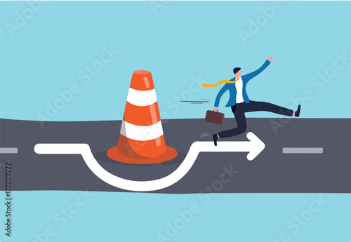 Overcome business obstacle, blocker, effort to break through road block, solution to solve business problem concept, smart bravery businessman run the way around and jump pass traffic pylon roadblock.