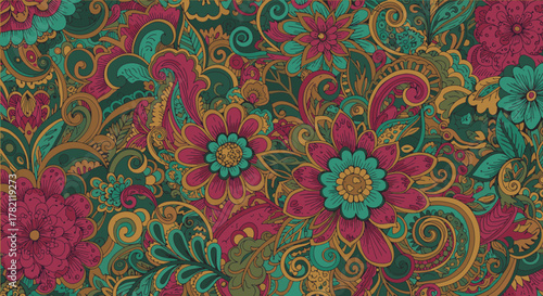 Ornate and colorful seamless pattern featuring elegant floral motifs intertwined with paisley elements in deep emerald, fuchsia, and golden tones for decorative backgrounds