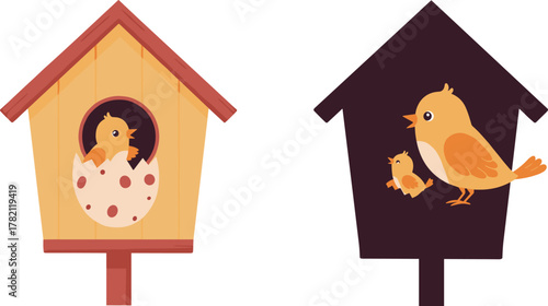 Cute baby bird hatching from egg inside wooden birdhouse, mother bird watching, adorable wildlife illustration, nature nesting concept art