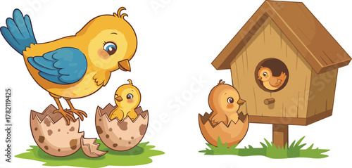 Cute yellow birds hatching from eggs near wooden birdhouse, mother bird watching chicks, adorable wildlife family cartoon illustration art