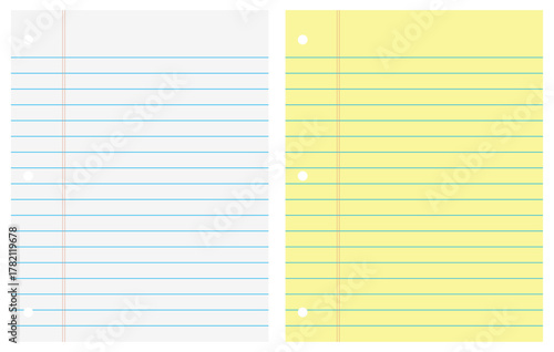 Ruled notebook papers sheet. Paper leaves yellow and white in line. Ruled notebook paper set yellow and white. Pages for school or office use. Isolated vector illustration.