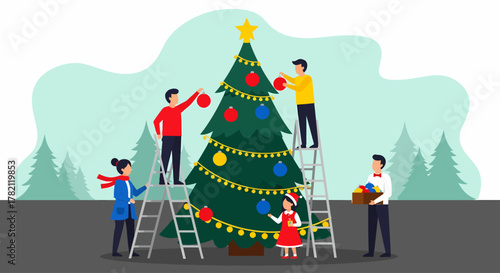 Friends and family cheerfully cooperate, using ladders to place a star and hang colorful ornaments on a large, brightly lit Christmas tree