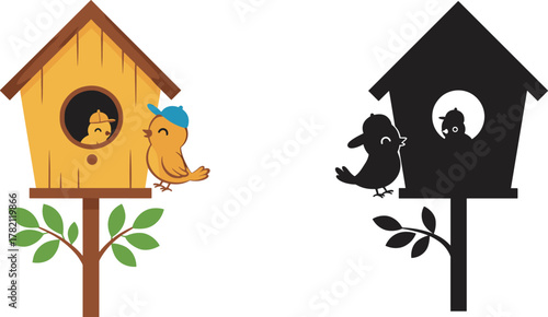 Cute cartoon birds near wooden birdhouse, adorable wildlife illustration, nature nesting concept, love birds family design with green leaves