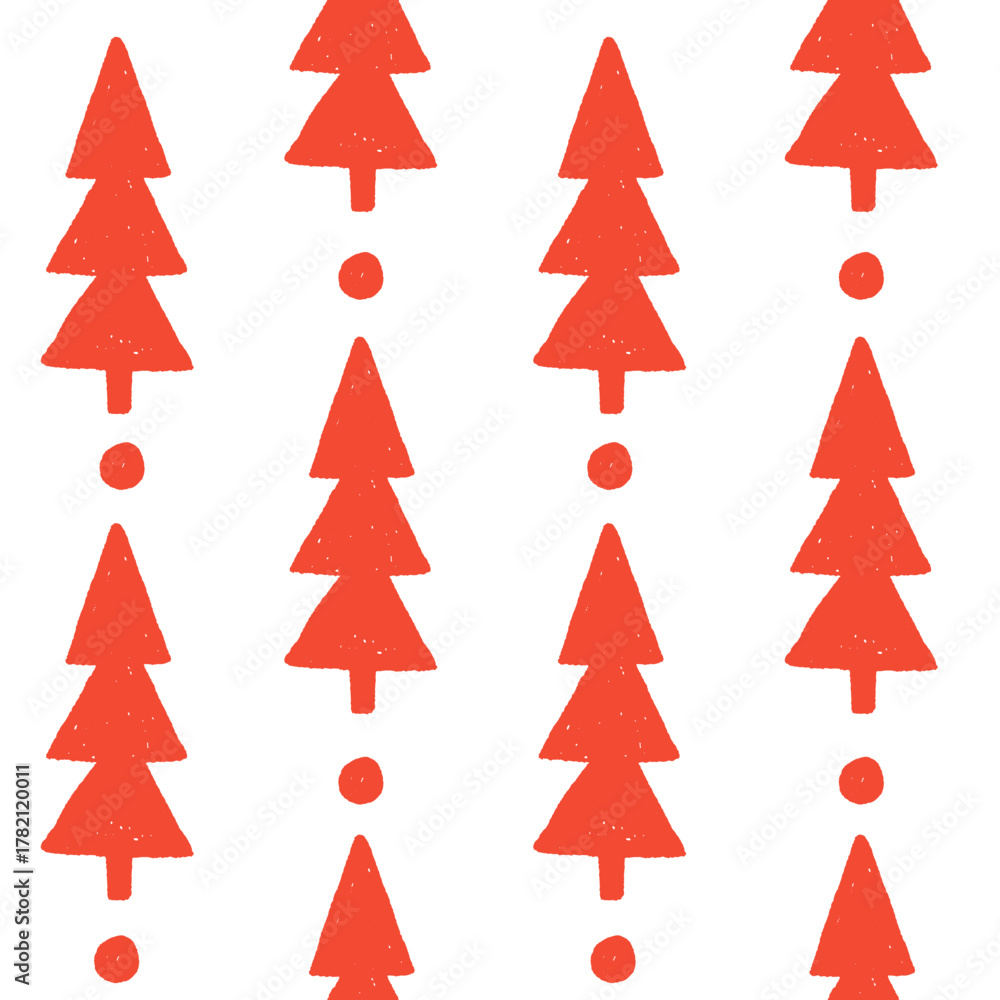 Obraz premium Scandinavian Christmas Tree Seamless Pattern. Hand drawn Holiday Minimal Background with red Fir silhouettes and playful crayon or chalk texture for cards textile and packaging.
