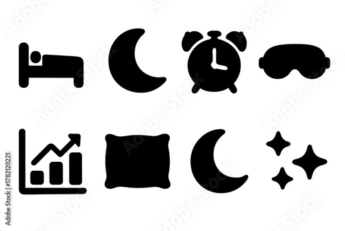 Sleep Tracking Icons. Sleep tracking. Filled icon set of Sleep tracking: bed, moon, alarm clock, sleep mask,