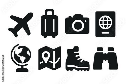Travel Icon Set. Travel adventures. Filled icon set of Travel adventures: airplane, suitcase, camera, passport