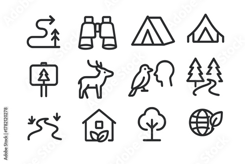 Eco-Tourism Icon Set. Eco-tourism and nature reserves. Line outline icon set of Eco-tourism and nature