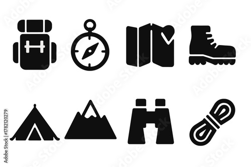 Adventure Icon Set. Adventure seeking. Filled icon set of Adventure seeking: backpack, compass, map, hiking