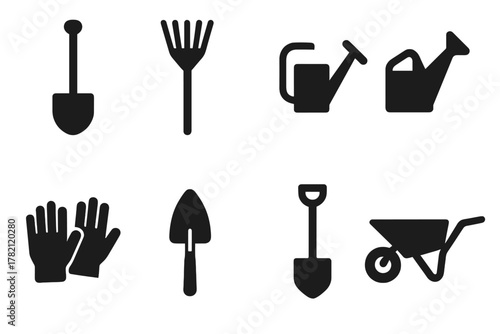 Garden Tools Icons. Garden tools. Filled icon set of Garden tools: shovel, rake, hoe, watering can,