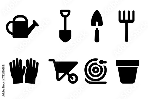 Essential Garden Tools. Garden tools. Filled icon set of Garden tools: watering can, spade, trowel, rake,