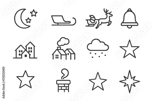 Christmas Night Icons. Christmas Night. Line outline icon set of Christmas Night: moon, stars, sleigh