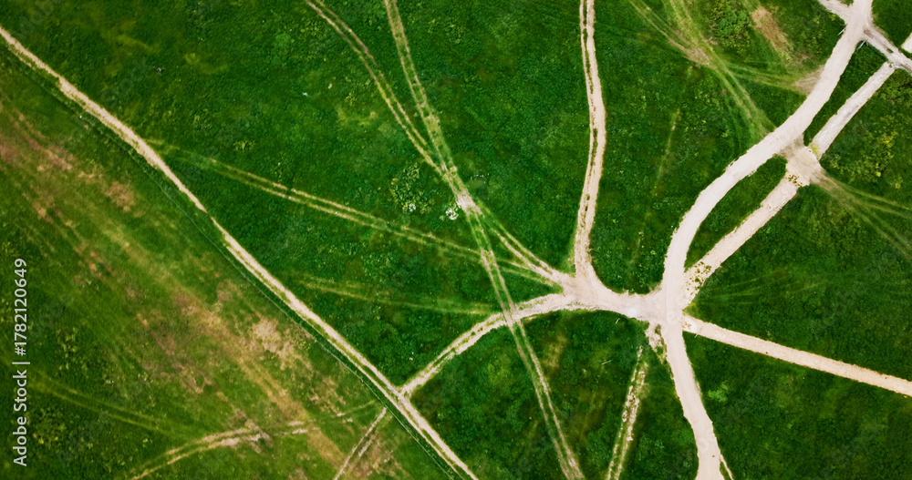 Fototapeta premium Aerial, landscape and patterns with farm in countryside for agriculture or green sustainability. Above, background and wallpaper with grass field outdoor in nature for eco friendly conservation