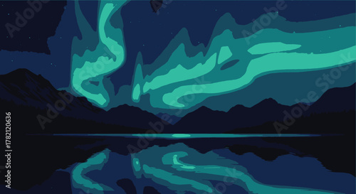 Enchanting night sky over a serene mountain lake, illuminated by the vibrant, dancing hues of the aurora borealis and its breathtaking reflection, a true natural spectacle