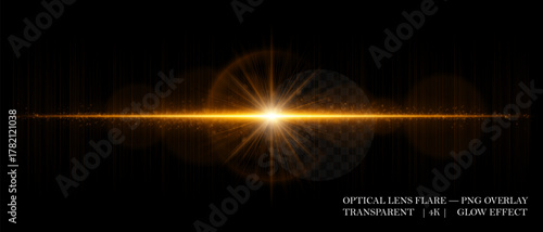 Optical horizontal lens flare with soft reflections, glowing orbs, and radiant beam. Great for digital overlays, photo lighting, and sci-fi design projects.