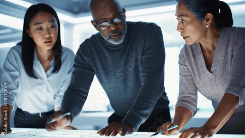 A diverse business team collaborates around an illuminated table in a modern white office, working on a design or construction project, their focus and determination.