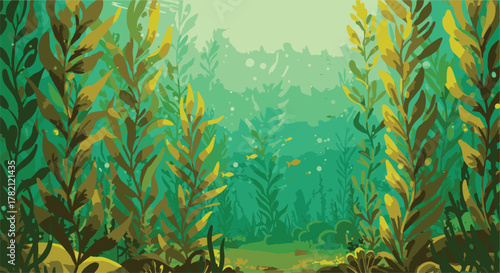 Serene underwater illustration of a dense kelp forest with sunlight filtering through the water. A beautiful marine ecosystem backdrop with seaweed and small fish
