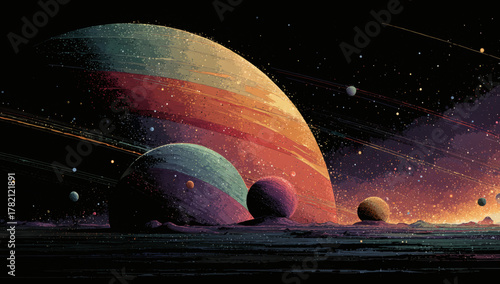 Fototapeta Naklejka Na Ścianę i Meble -  Pixel art assets space 16 bits, 8 bits, Retro, vintage